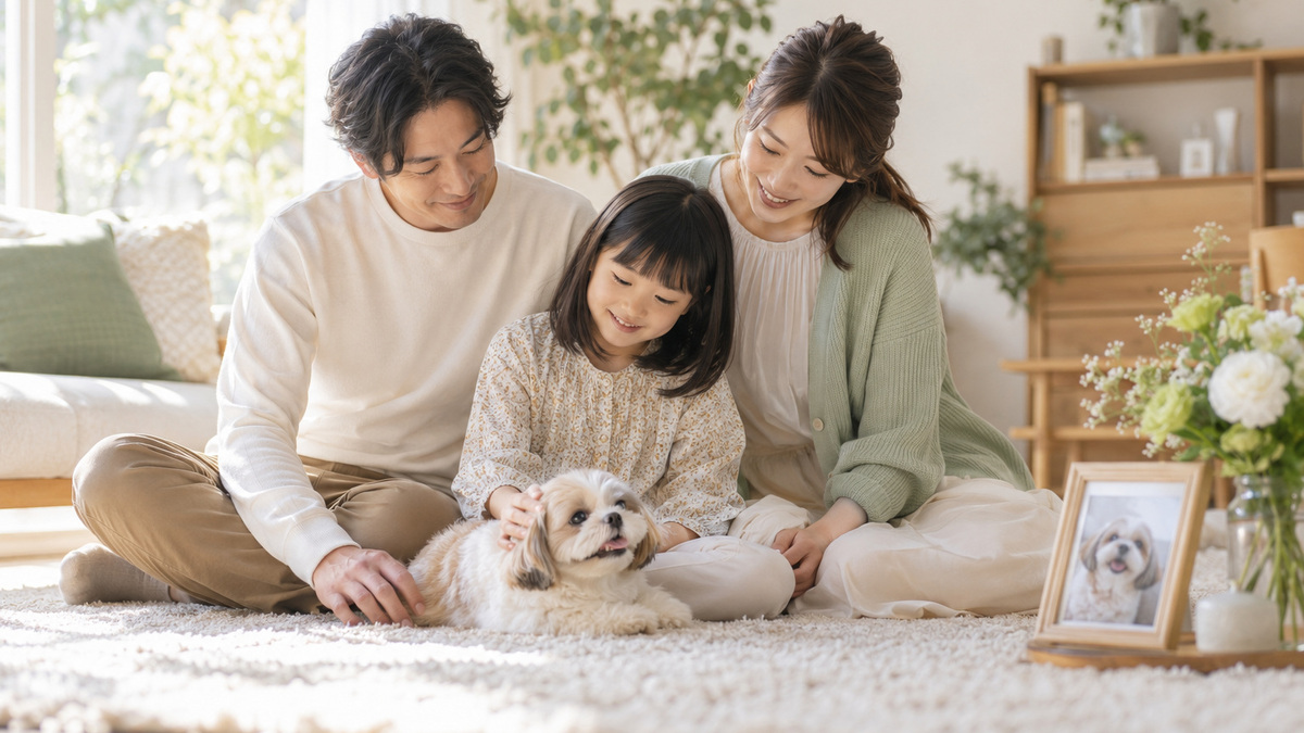 リビングで犬をなでながら一緒に過ごすご家族と女の子