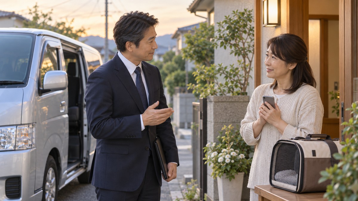 ご自宅の前でご家族にご案内をするスタッフ