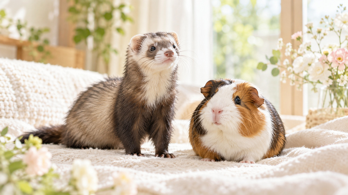 01（アイキャッチ）： 明るいお部屋で寄り添うフェレットとモルモット