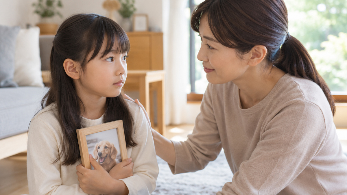 犬の写真立てを抱えた女の子と、肩に手を添えて話すお母さん