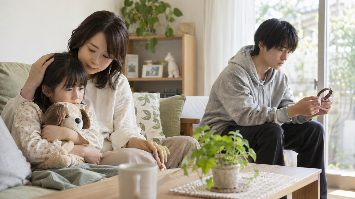 お母さんに寄り添う幼い女の子と、少し離れて犬の首輪を手にする中高生の男の子