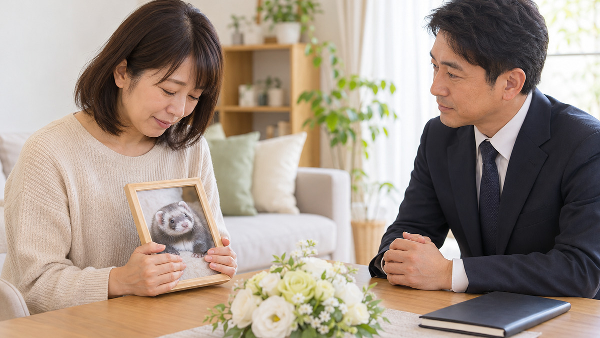 03（ご家族から多く寄せられるご心配）：
フェレットの写真を手に、スタッフに相談するご家族
