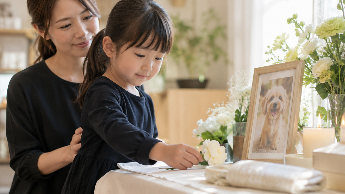写真とお花の前で、白いお花を供える女の子と見守るお母さん