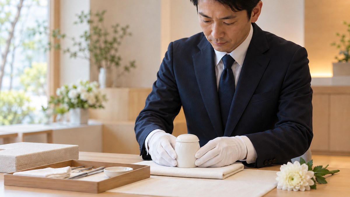04（小さなお骨を整える）：
白い手袋をつけて骨壺を丁寧に扱うスタッフ