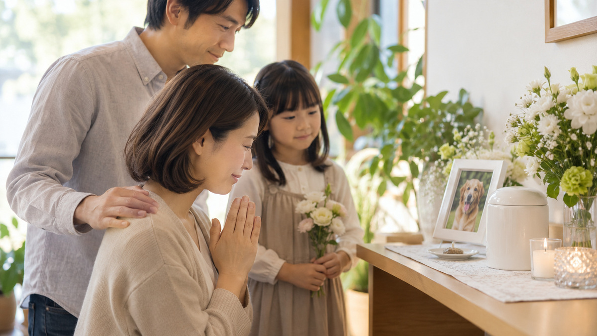 骨壺と写真の前で手を合わせるご家族と、お花を持つ女の子