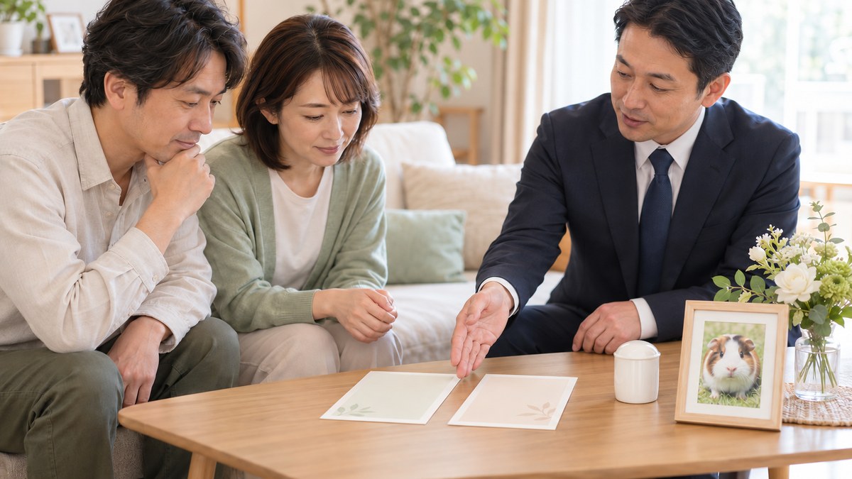05（お骨上げを希望されるご家族へ）：
スタッフからプランの説明を受けるご夫婦