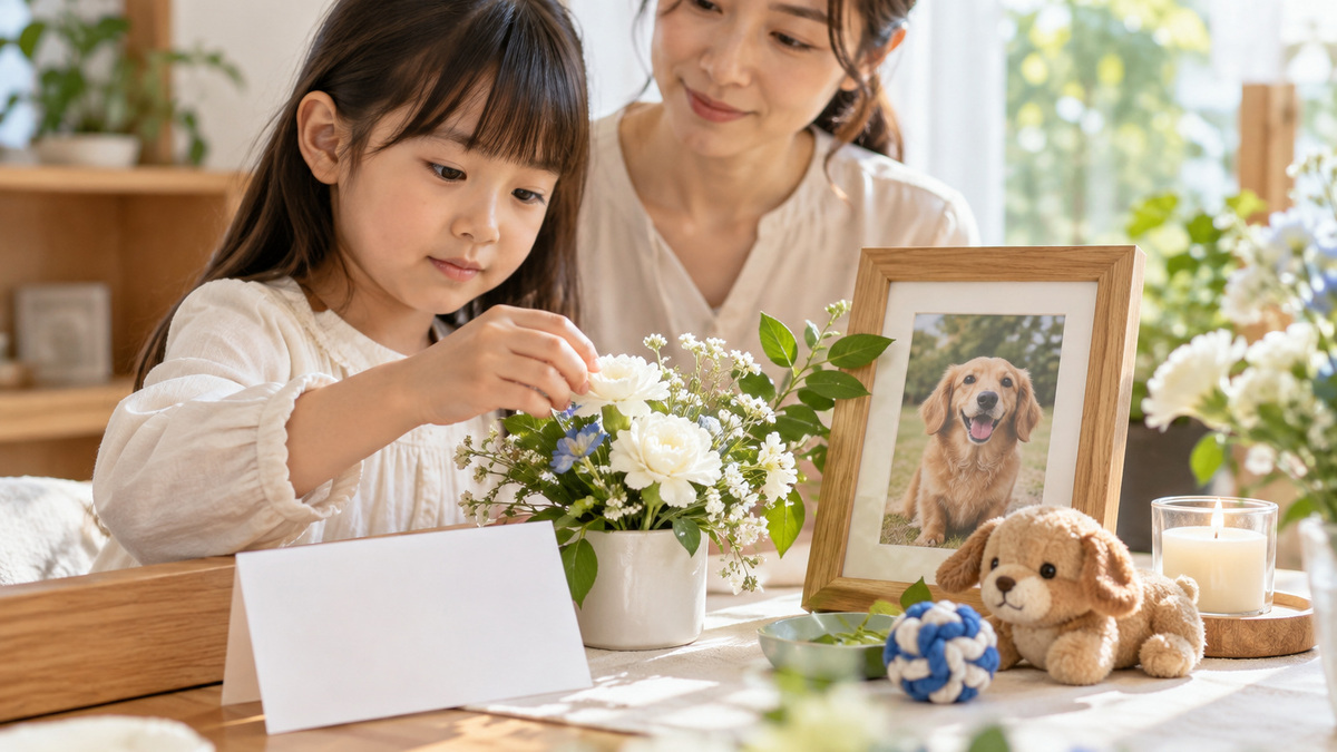 お手紙とお花を用意する女の子と、見守るお母さん