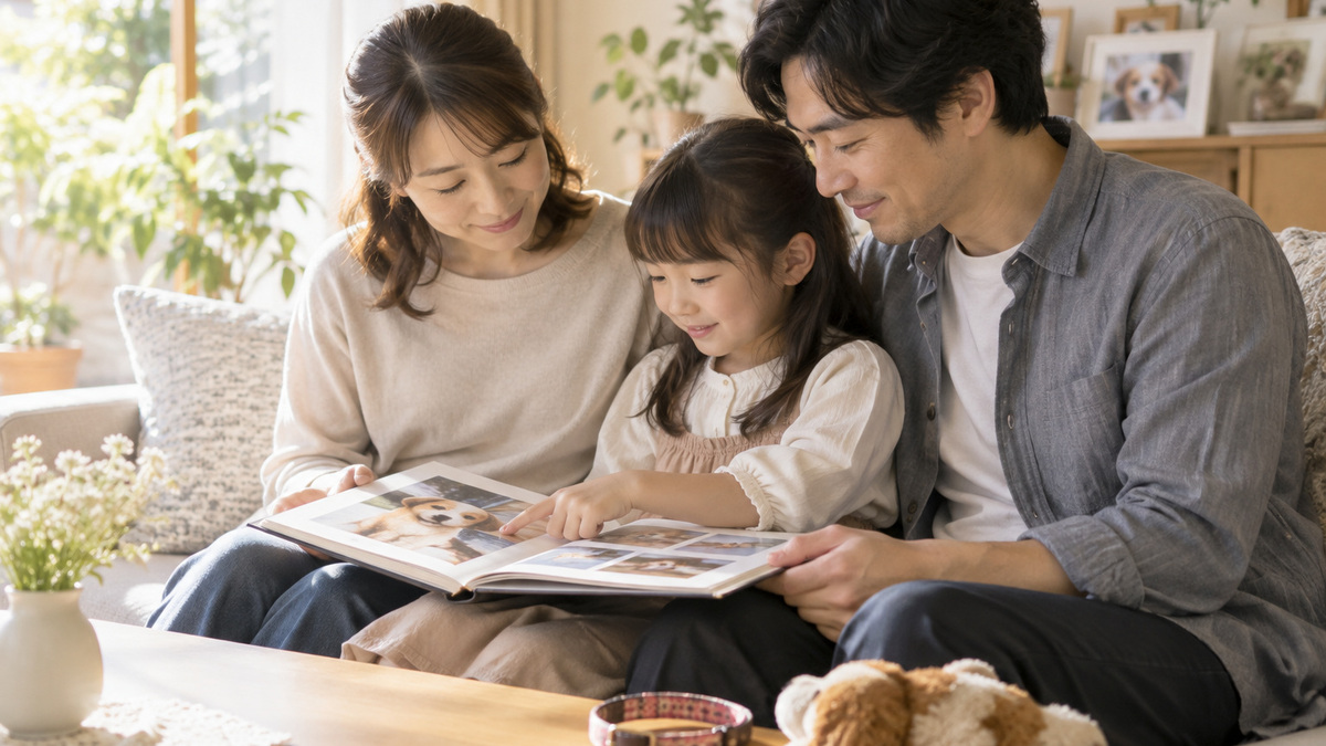 ソファでアルバムを開いて思い出を話すご家族
