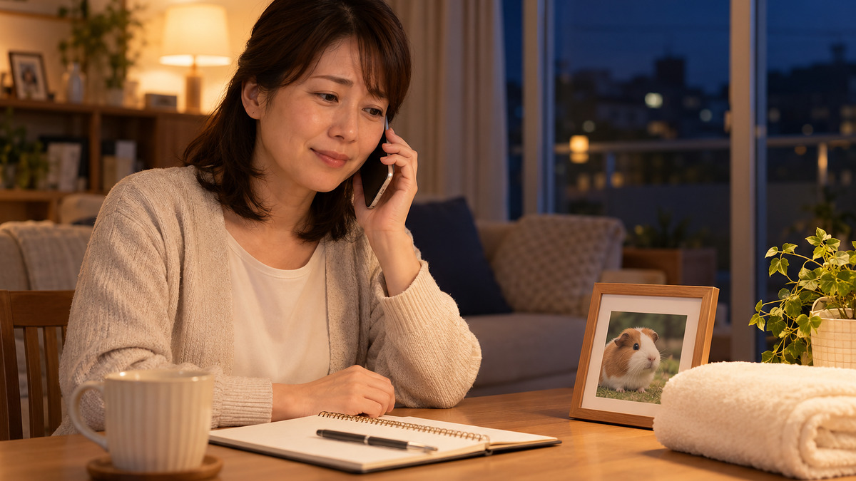 08（よくあるご質問）：
夜、フリーダイヤルに電話で相談する女性
