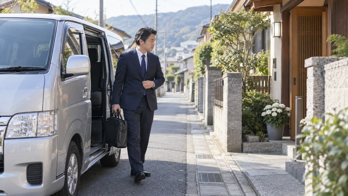 住宅街に停車する訪問ペット火葬の車両