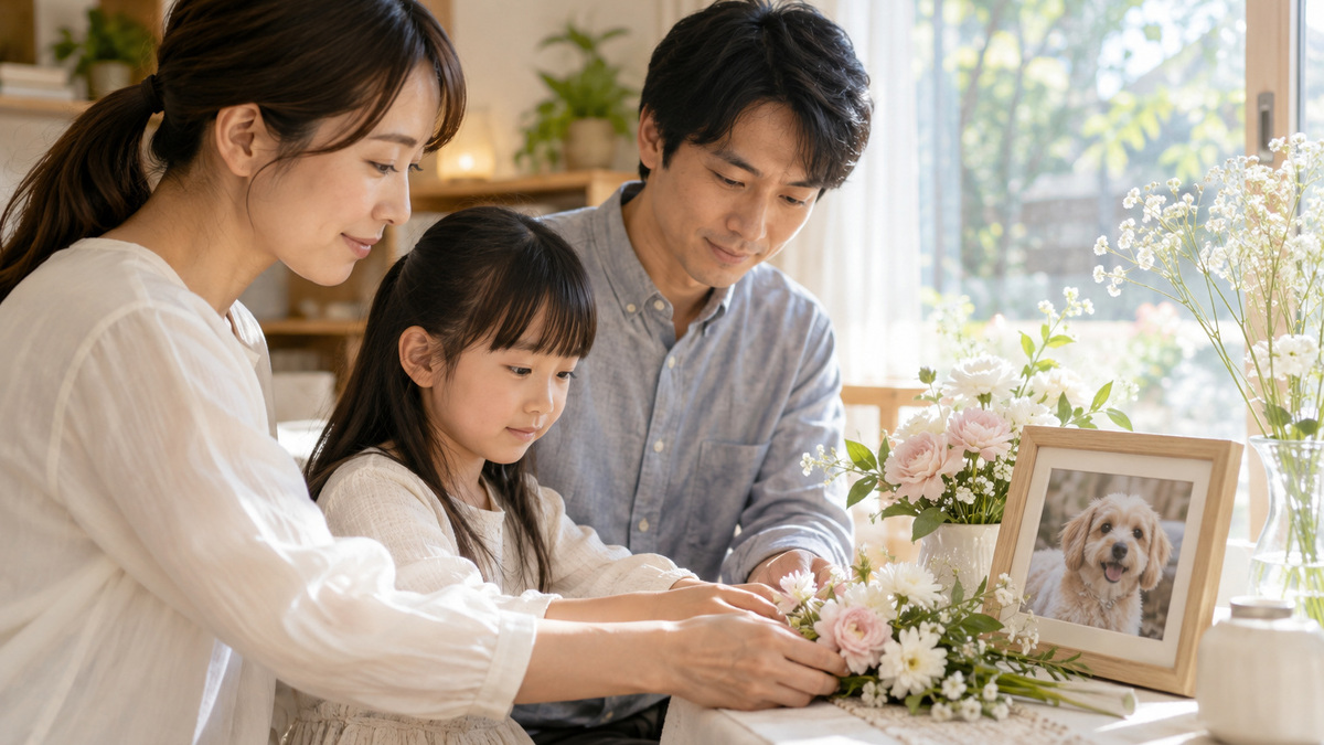 写真の前でお花を飾るご家族と女の子