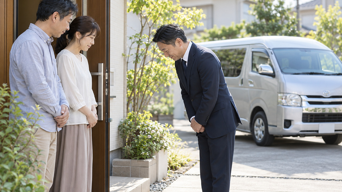 09（まとめ）：
移動火葬車の前で、ご家族に一礼するスタッフ
