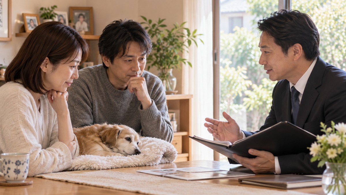 室内でペット火葬について説明を受けるご家族