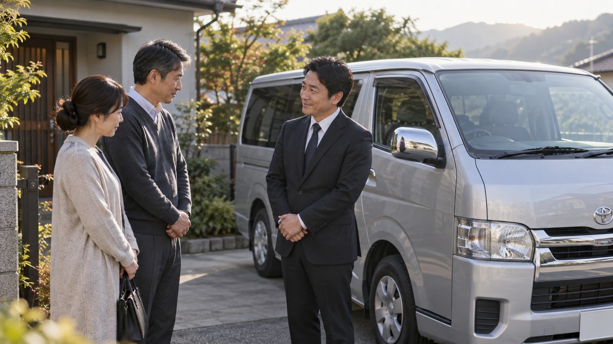 ご自宅の前でお見送りについて相談するご家族とスタッフ
