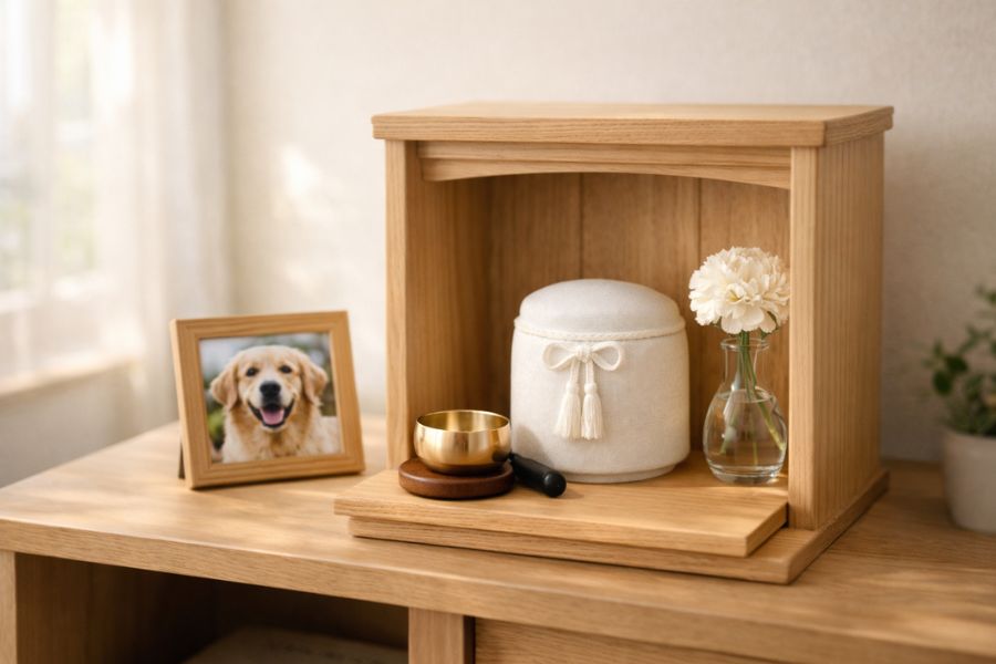 白い大理石調の台座に置かれた淡い水色の有田焼風ミニ骨壺と散らした白い花びら