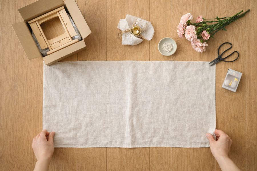 フローリングに広げたリネンクロスの周囲に仏壇の箱やおりんや花束を並べた準備中の俯瞰構図