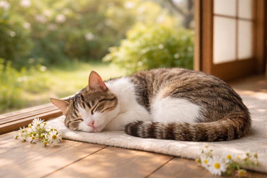 春の縁側で穏やかにくつろぐ猫と温かな思い出を象徴する日本の住宅シーン