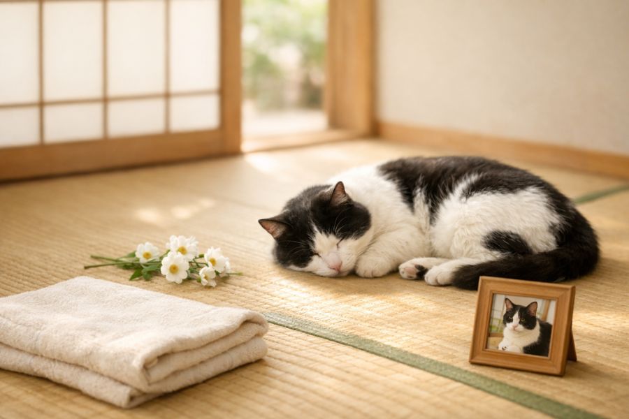 柔らかな光の中に白い花と静かに安置された猫のメモリアルシーン