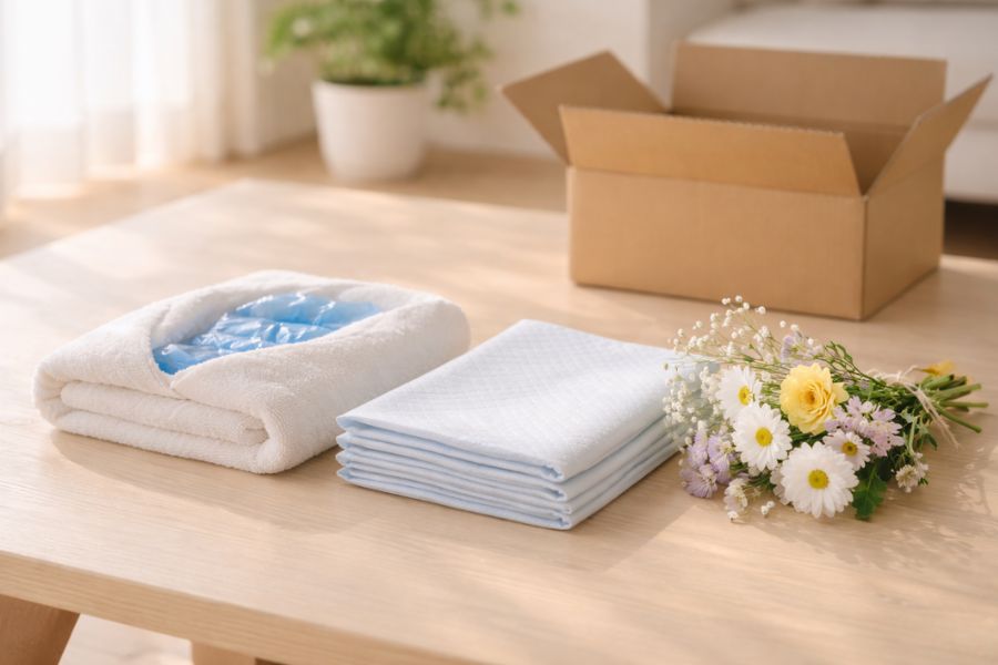 猫の安置に必要な保冷剤とペットシーツとタオルが丁寧に並べられた様子