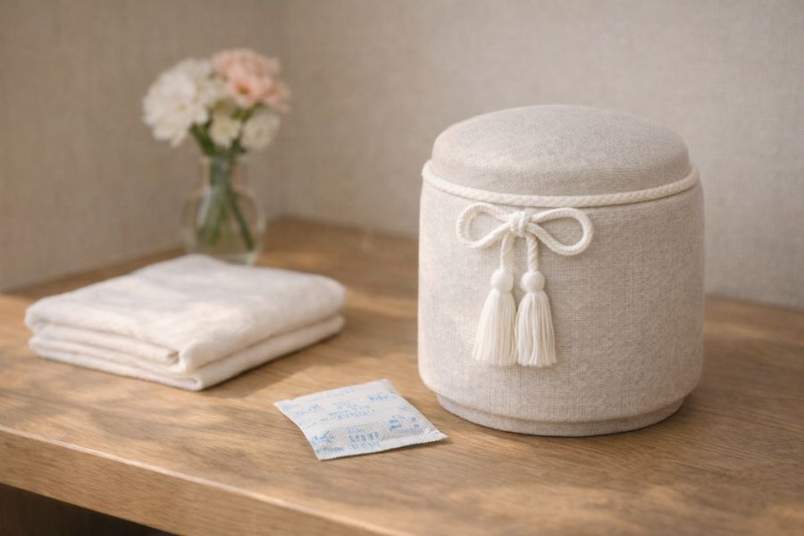 木製の棚に布カバー付き骨壺と乾燥剤と畳んだ白い布を並べた手元供養の保管環境