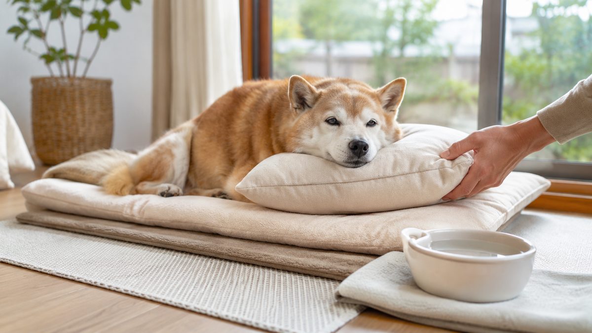 クッションのベッドに横たわる柴犬と、枕を整える手、手前に水を入れた器