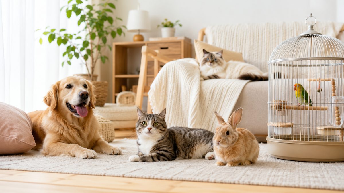 明るい室内で生き生きと過ごす犬・猫・うさぎ・小鳥