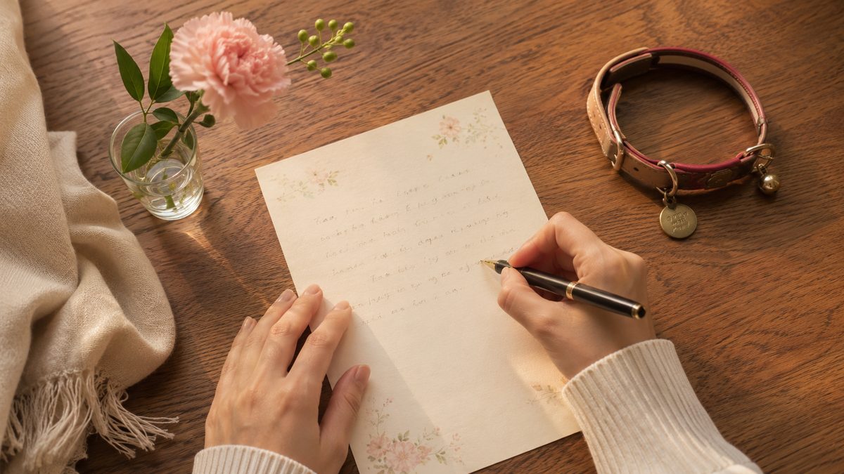 テーブルでペット宛ての手紙を書く手元と花と首輪
