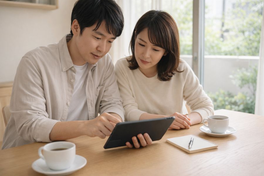 明るいダイニングテーブルでタブレットを見ながら相談する日本人夫婦とコーヒーカップとメモ帳