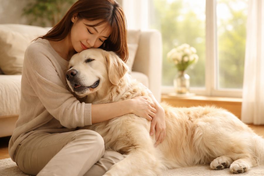 リビングの窓辺でゴールデンレトリバーを膝元に抱きしめる日本人女性に朝の自然光が差し込む