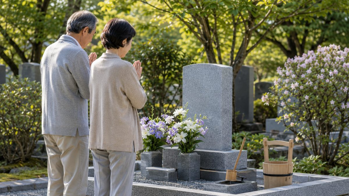 霊園の墓前で並んで手を合わせる年配の夫婦