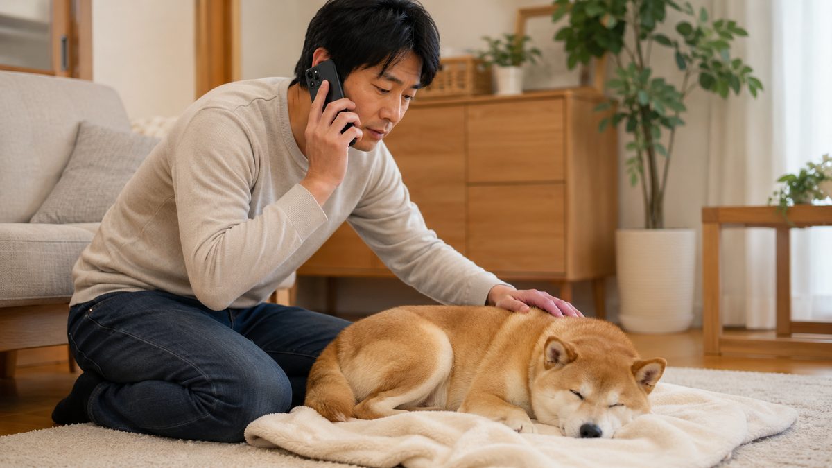 電話をかけながら休む犬に落ち着いて寄り添う日本人男性