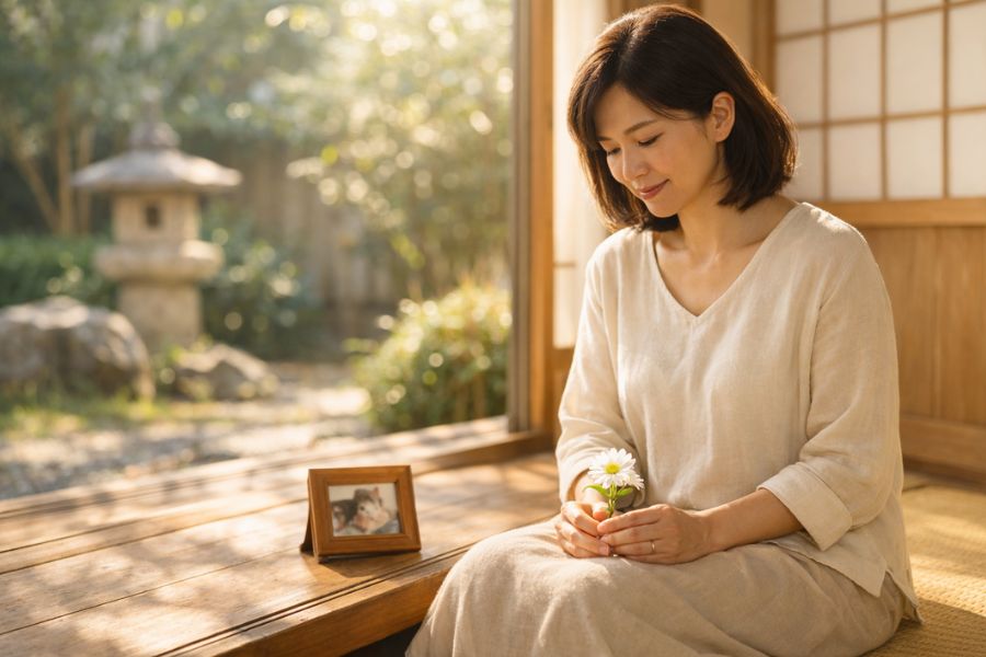 縁側に座り白い花を手に持つ日本人女性の横姿と柔らかな朝の自然光