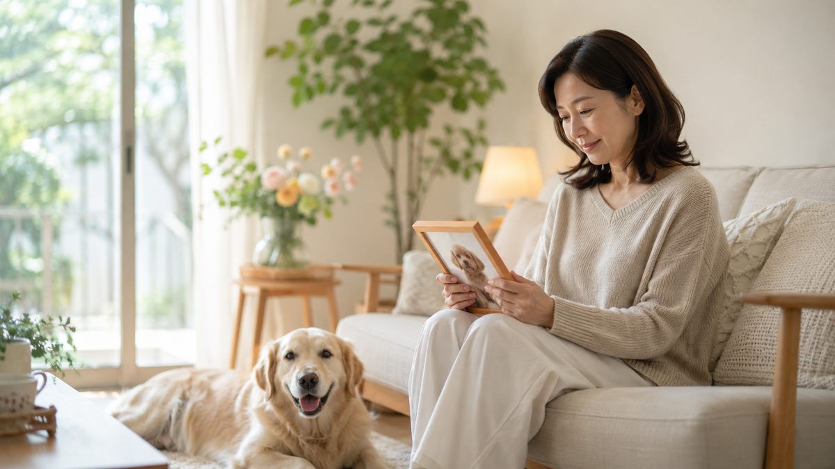 明るいリビングで、日本人の女性が穏やかに微笑みながらペットの写真立てを手にしている様子