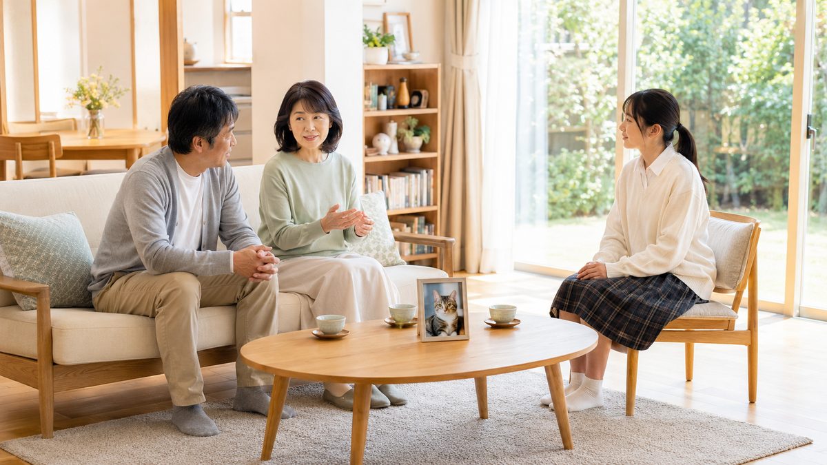 リビングで向かい合って穏やかに話し合う家族三人