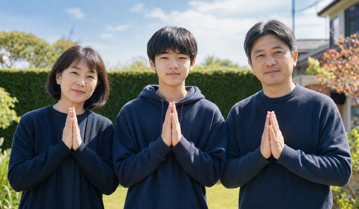 青空と緑の生垣を背景に濃紺の服を着た日本人の母親と10代の息子と父親の3人が横並びで手を合わせて正面を向いている庭先での様子