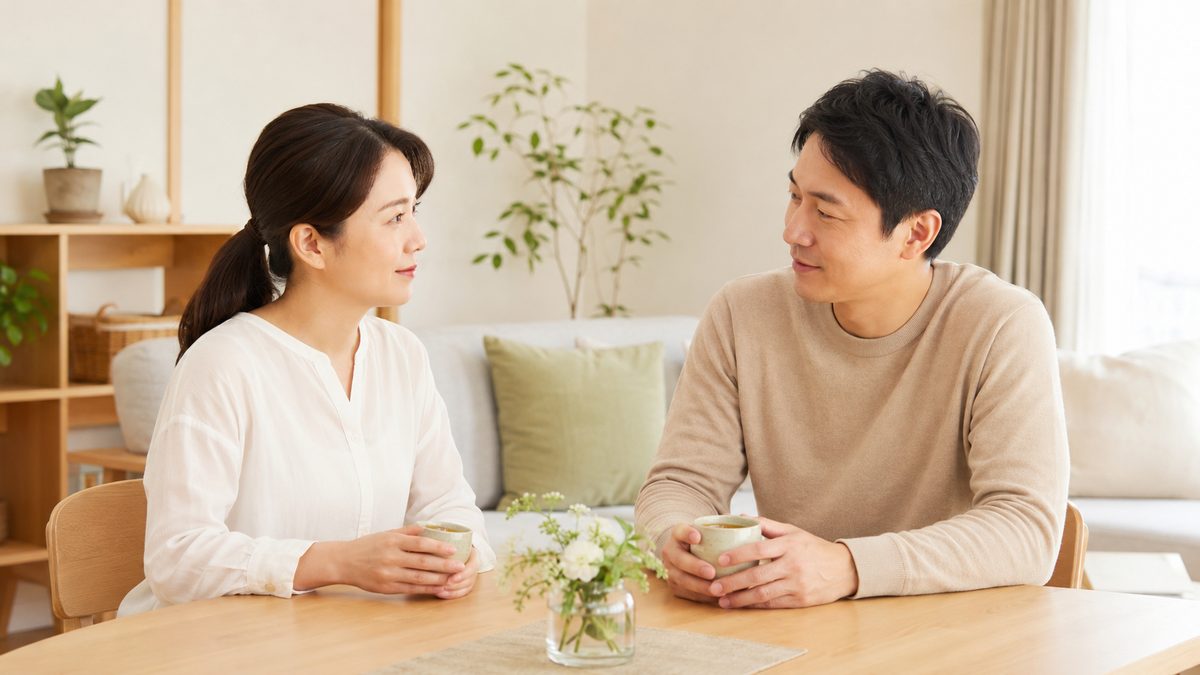 リビングで落ち着いて相談する日本人の夫婦
