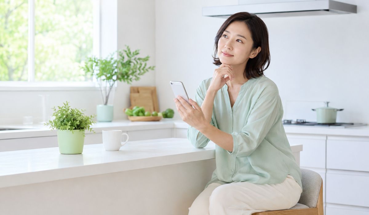 白いキッチンカウンターのスツールに腰掛けスマートフォンを片手に首を傾けて考える日本人女性のミディアムショット