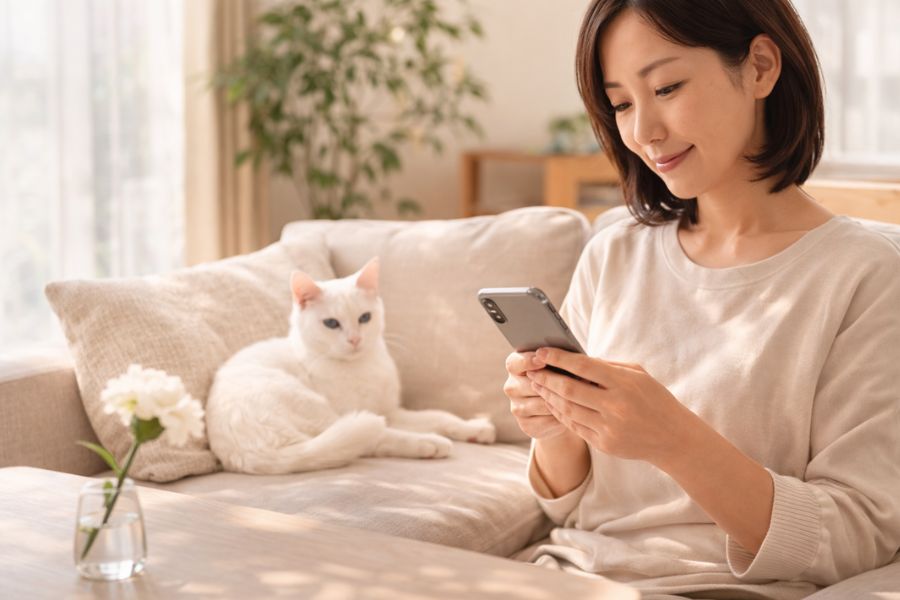 明るい自宅リビングのソファでスマートフォンを見る日本人女性と傍らのクッションでくつろぐ白猫