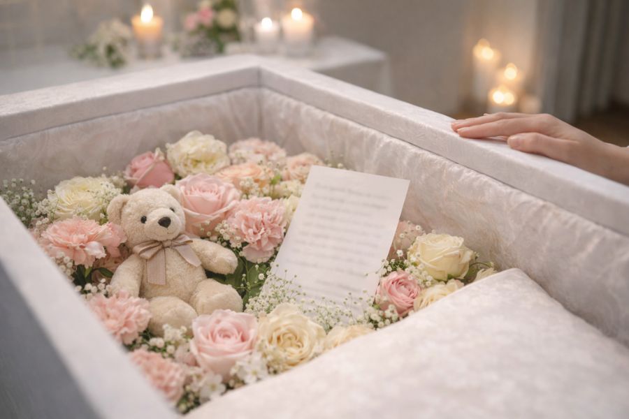 白い棺の中に並べたピンクと白のバラと小さなぬいぐるみと手紙に指先をそっと添える手元