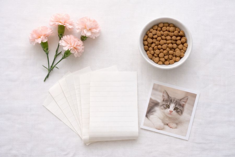 白いテーブルの上に淡いピンクのカーネーションとドッグフードの小皿と折りたたんだ手紙と猫の写真のフラットレイ
