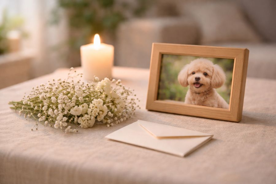 ベージュのテーブルクロスの上に白い小花と写真立てと手紙が置かれキャンドルが灯る静かなメモリアルスペース