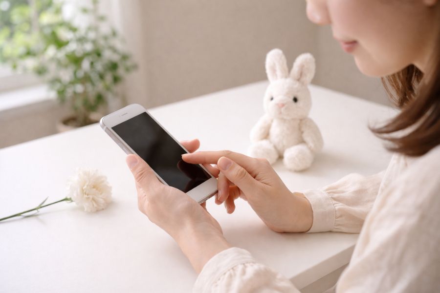 白い花とうさぎのぬいぐるみが傍らに置かれた明るいデスクでスマートフォンを手に持つ日本人女性の手元