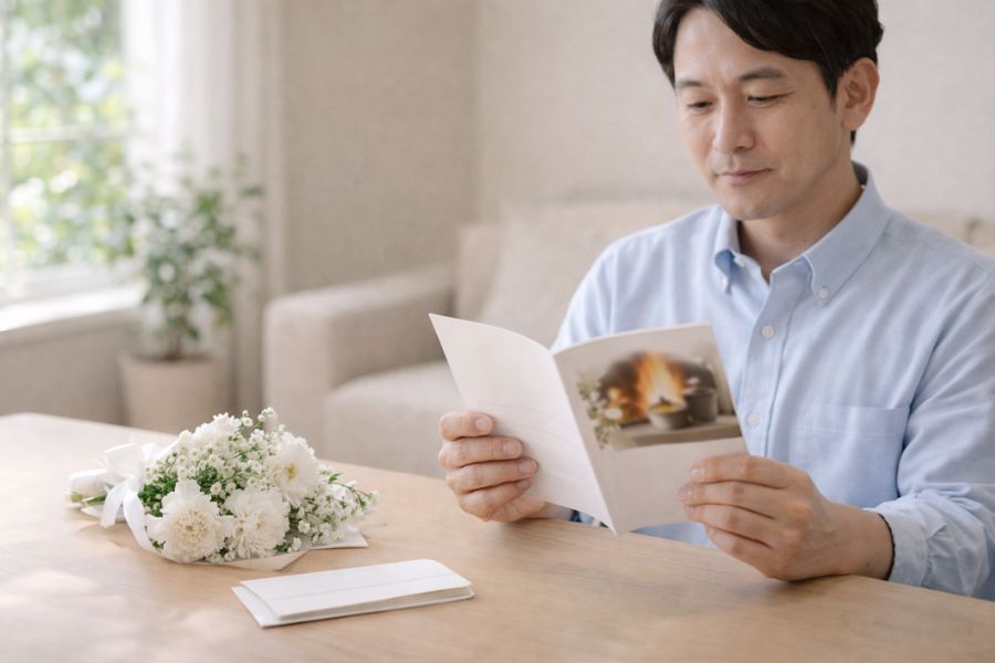 白い花束と手紙が置かれたリビングのテーブルでパンフレットを穏やかに読む日本人男性