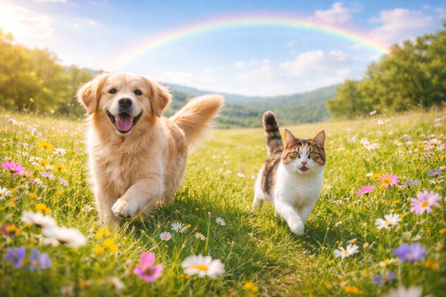 緑の草原と野花の中を元気に駆け回るゴールデンレトリバーと三毛猫の背景に虹がかかる明るい風景