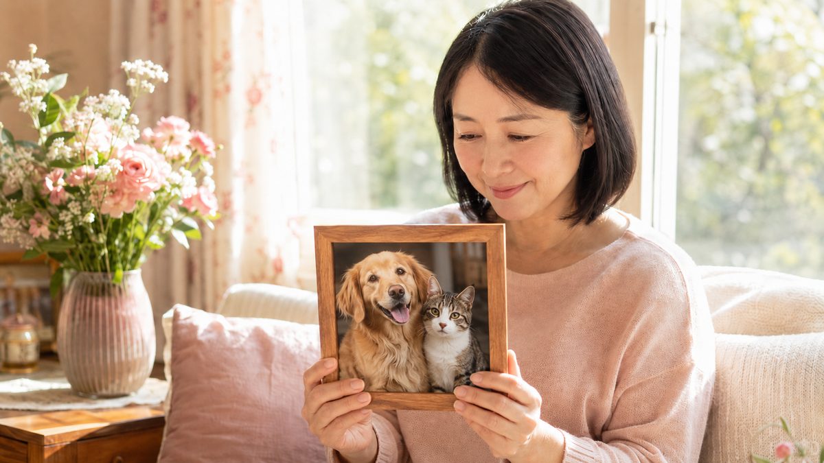 愛犬・愛猫の写真立てを穏やかに見つめる日本人女性