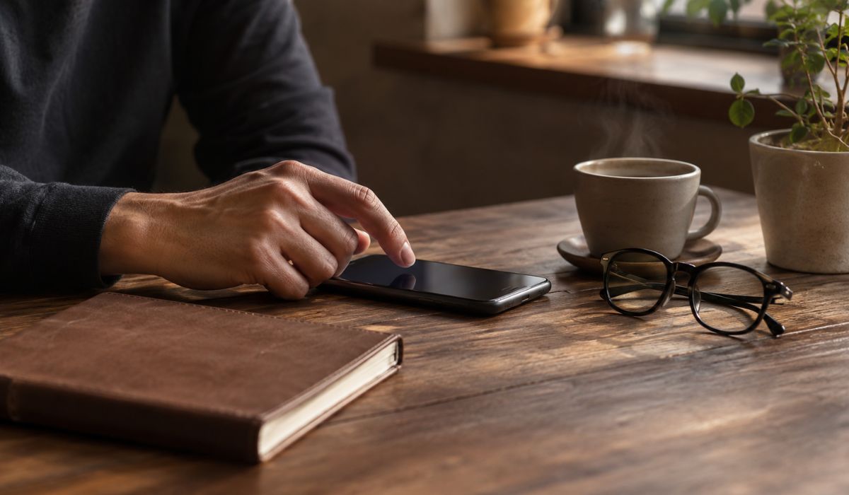 木目のカフェテーブルでスマートフォンを見つめる日本人男性の片手とレザーノートと黒縁メガネとコーヒーカップ