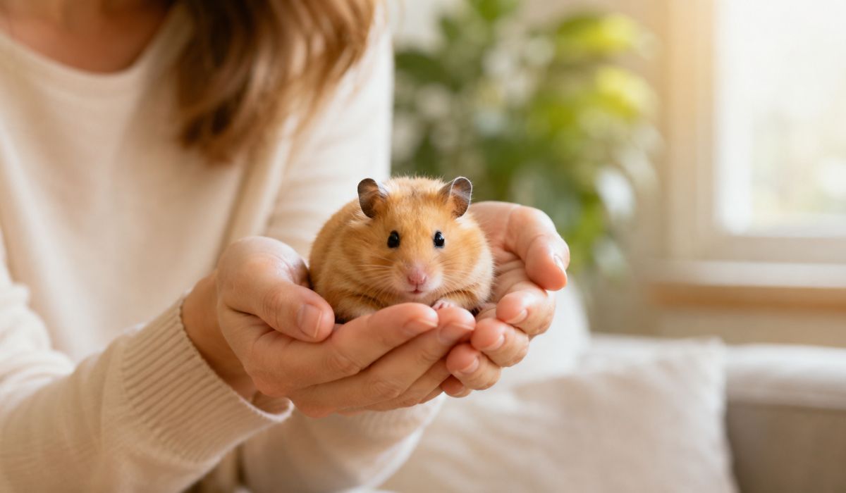 明るい窓辺で人の両手のひらに包まれて座る一匹のゴールデンハムスター