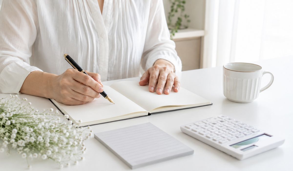 白いデスクで万年筆を持ちノートに書き込む日本人女性の手元と電卓と白いカスミソウ
