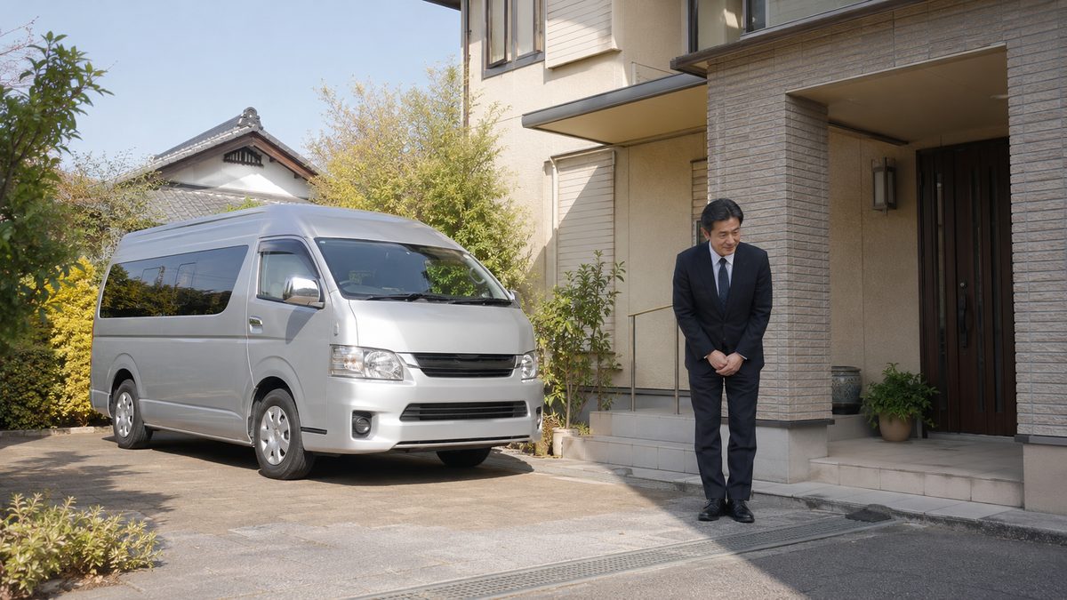 自宅前のシルバーのハイエースワゴンとスーツ姿で一礼する40代の男性スタッフ