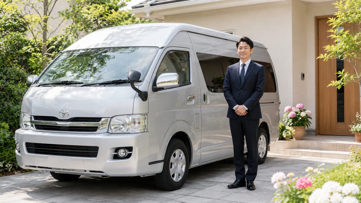 日本の住宅の前に停まったシルバーのワンボックスカーの横で、スーツ姿の日本人男性スタッフが穏やかな表情で立っている様子